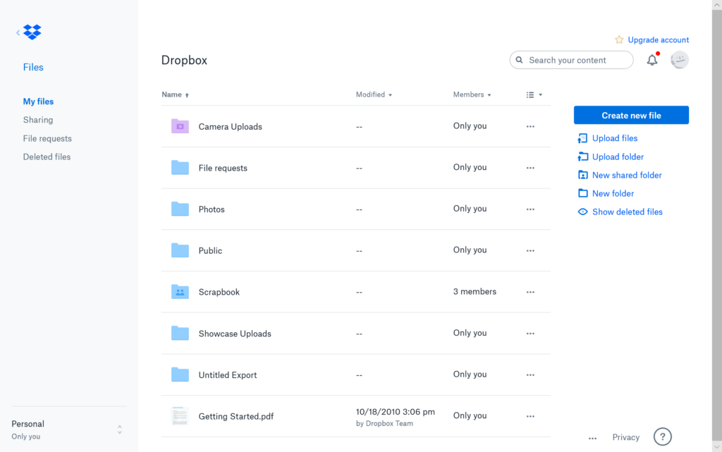 Dropbox interface